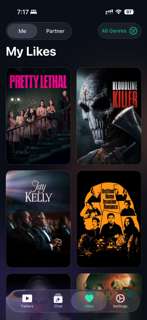 TrailerSwiper App Likes Screen